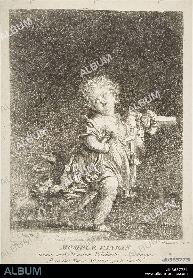 JEAN-HONORÉ FRAGONARD. Fanfan. Artist: Jean Honoré Fragonard (French, Grasse 1732-1806 Paris). Dimensions: sheet: 10 1/8 x 7 3/8 in. (25.7 x 18.8 cm)
image: 9 3/4 x 6 13/16 in. (24.7 x 17.3 cm). Date: 1778.
Fragonard excelled at portraying small children in images that capture their innocence and playfulness. Here, a charmingly disheveled child with blond curls rushes forward clutching his dolls while two tiny dogs try to pull one from his grasp. Using a wide range of marks, from hatching to wiggles to dots, Fragonard contrasts the sunlit paleness of the boy with a shadowy background. Although the model has not survived, other prints made in 1778 by the artist suggest that this etching is based on a brown wash drawing, in reverse direction and probably of larger dimensions than the print. His pupil, and sister-in-law, Marguerite Gérard also made an etching after the same model.