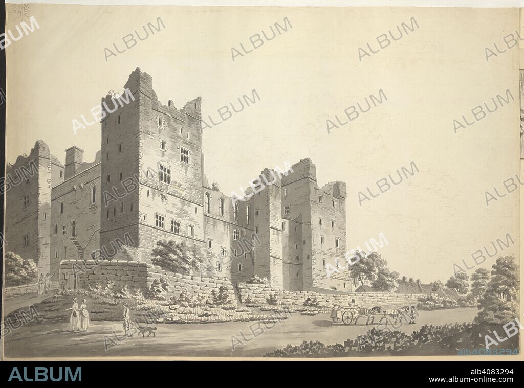 A monochrome view of Bolton Castle; a horse and cart and figures in the foreground; trees throughout the scene. View of Bolton Castle Yorkshire. c. 1770-1790. Pen and black ink with watercolour over pencil. Source: Maps K.Top.45.35.