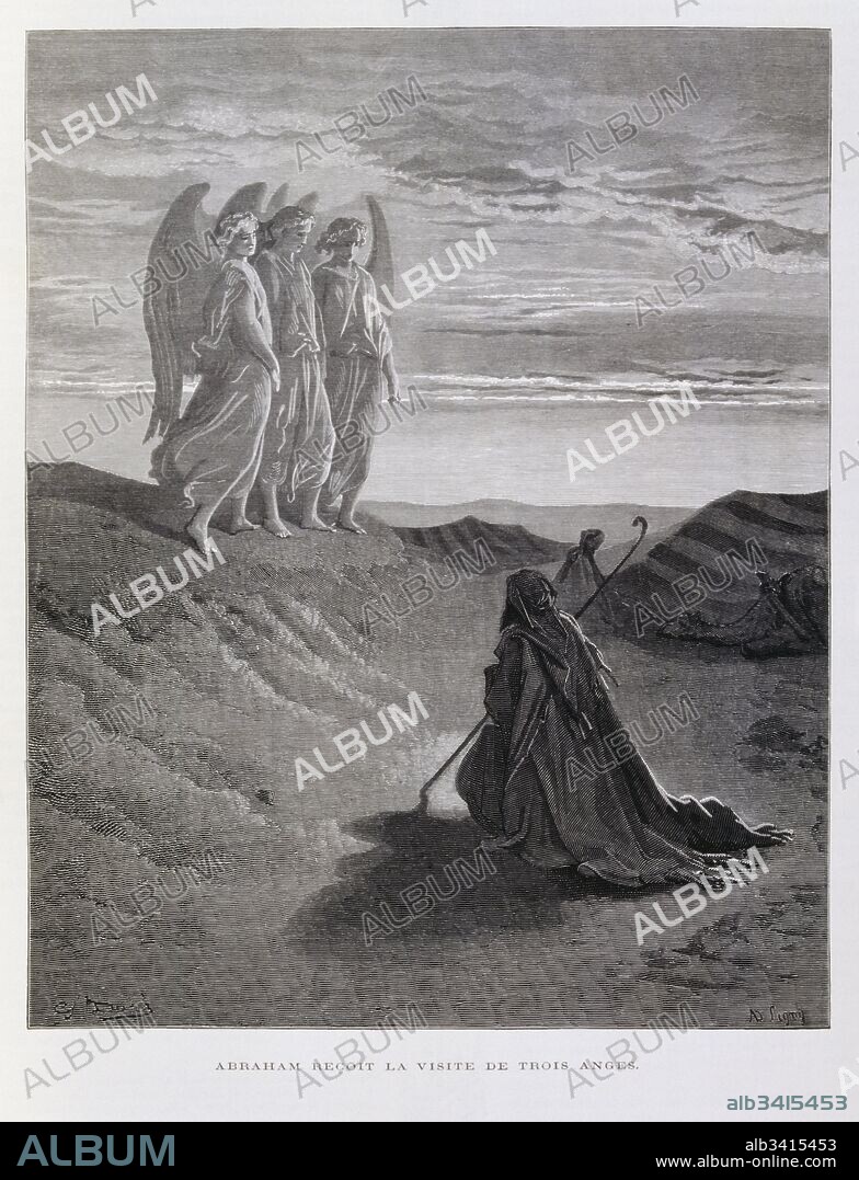 Engraving by  Gustave Doré (1832-1883); Abraham and the Three Angels who foretell the birth of his soon Isaac. 1866. Abraham is an important, biblical patriarch, in the Jewish faith.