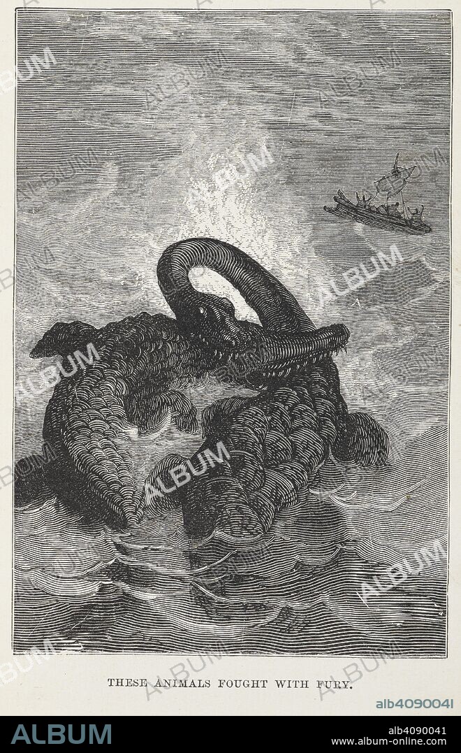 JULES VERNE. "These animales fought with fury". Prehistoric creatures fighting in the sea. A Journey to the Centre of the Earth New edition With illustrations, etc. Griffith & Farran: London & Sydney, 1891. Source: 012548.eee.6 opposite 256. Language: English.