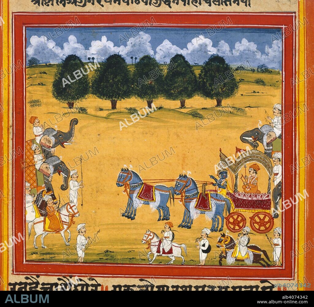 The Kurukshetra battle. The Mahabharata. Rajasthan, 1753. The Kurukshetra battle. Krishna as a charioteer on the right and Arjuna, a third Pandava brother is seated in a carriage and, on elephants, are Kaurava brothers, surrounded by horsemen. Paper manuscript.  Image taken from The Mahabharata.  Originally published/produced in Rajasthan, 1753. . Source: Or. 13180, f.8v. Language: Hindi.