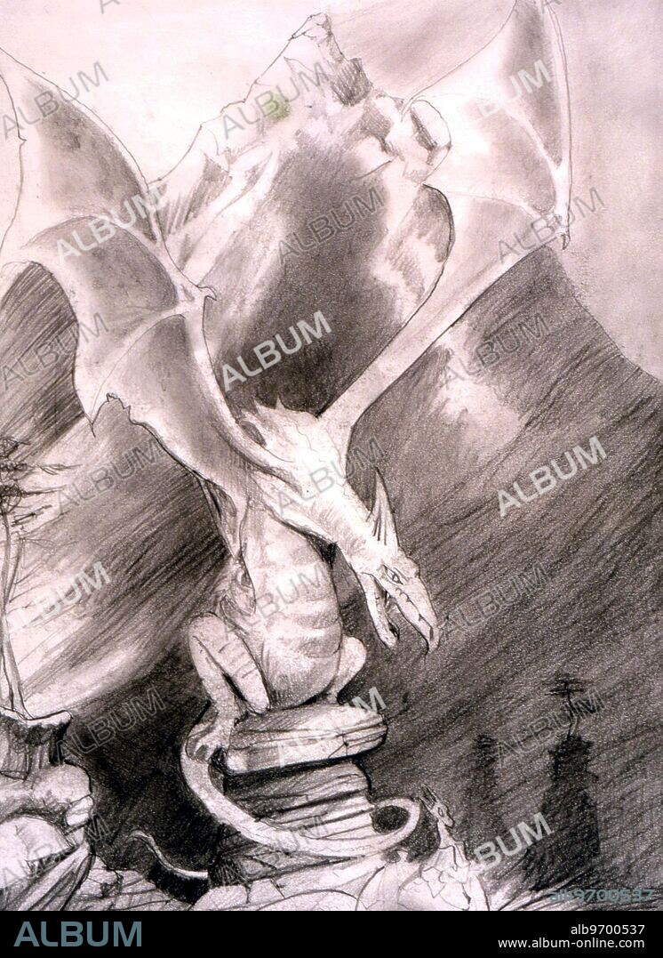 DRAGON - pencil drawing by Gordon Wain 1989.