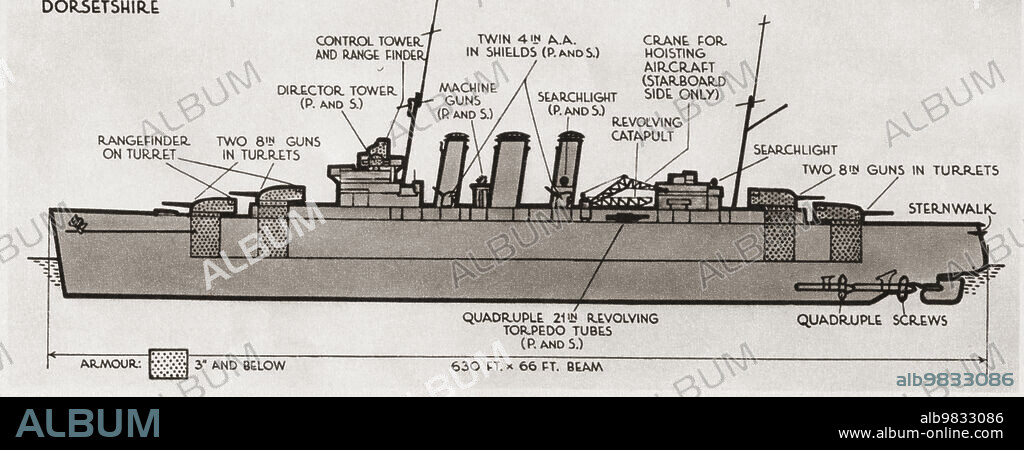 Diagram of HMS Exeter. A York-class heavy cruiser. From British Warships, published 1940.