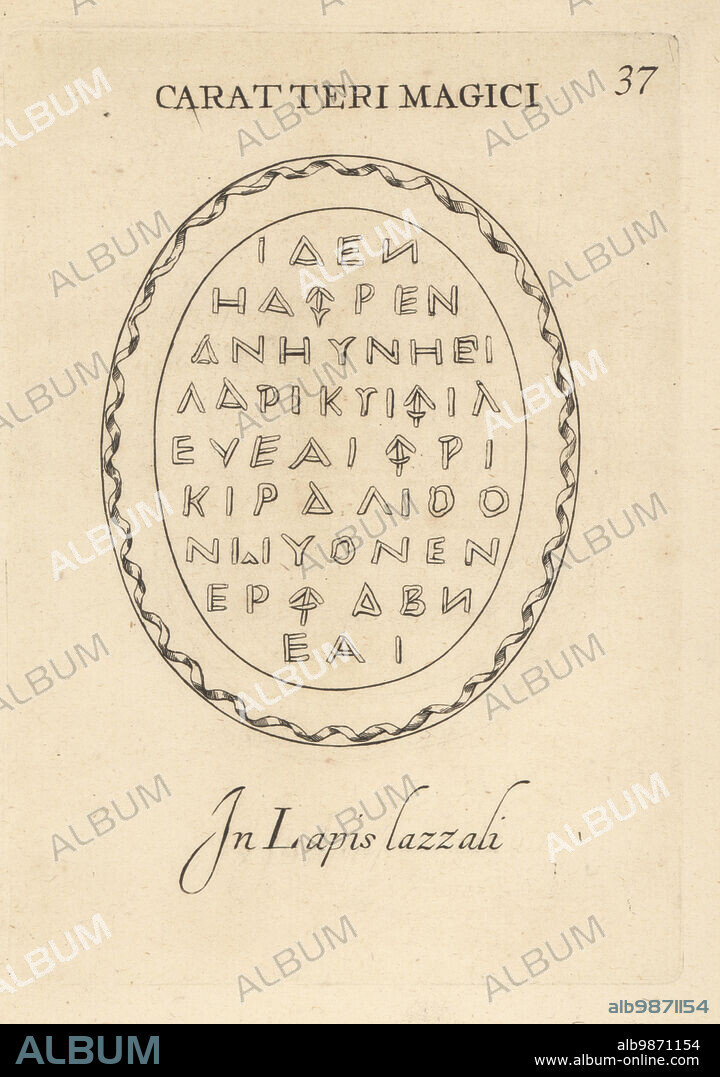 Magical characters of the Egyptian god Abraxas in lapis lazuli. Mysterious letters and spells from a pagan religion. Caratteri Magici in Lapis lazzali. Copperplate engraving by Giovanni Battista Galestruzzi after Leonardo Agostini from Gemmae et Sculpturae Antiquae Depicti ab Leonardo Augustino Senesi, Abraham Blooteling, Amsterdam, 1685.