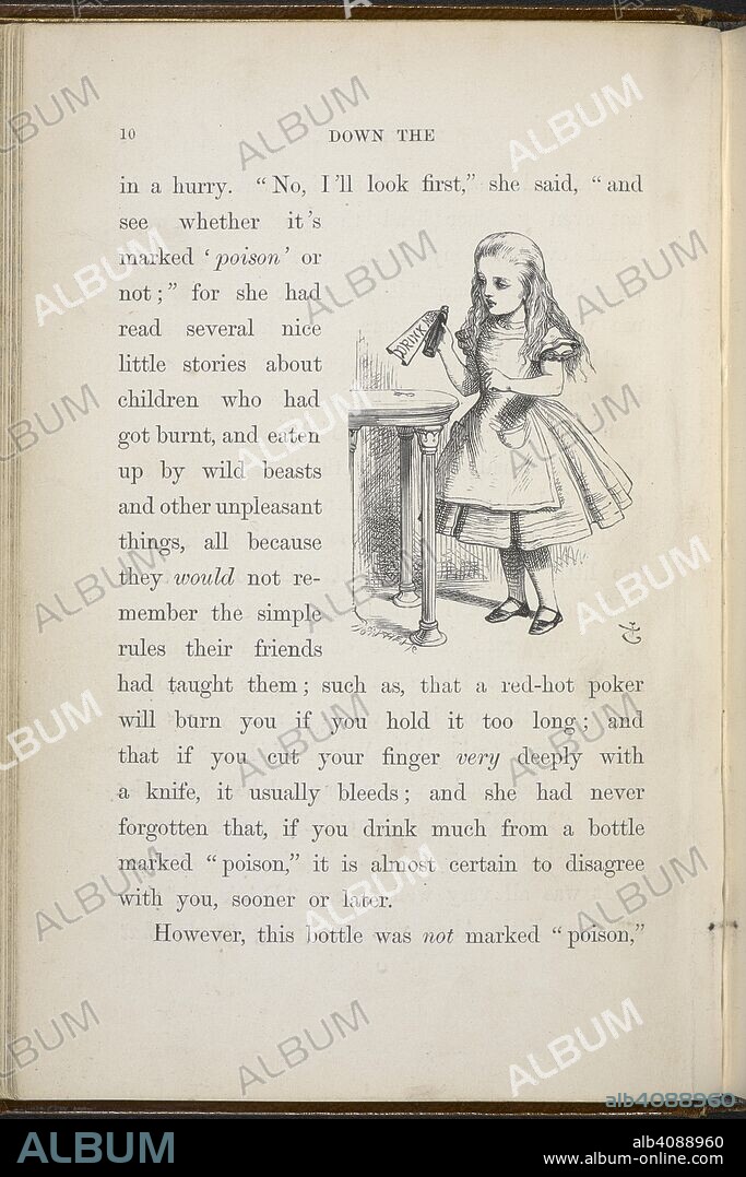 Alice looking at the bottle with the sign 'drink me'. Alice's Adventures in Wonderland. With forty-two illustrations by John Tenniel. London : Macmillan & Co., 1866 [1865]. Source: C.59.g.11 page 10.