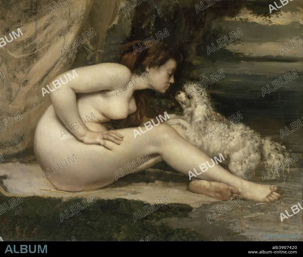 GUSTAVE COURBET. Femme nue au chien Nude Woman with a Dog. Date/Period:  1861 - 1862. Painting. Oil on canvas. Height: 650 mm (25.59 in); Width: 810  mm (31.88 in). - Album alb3907420