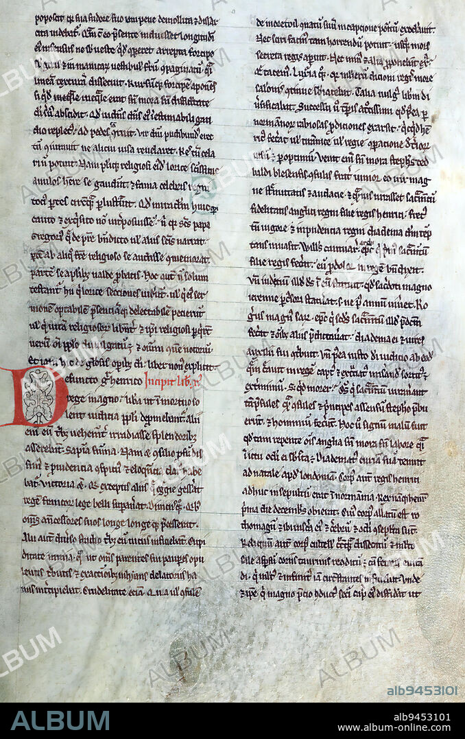 Henry of Huntingdon's Historia Anglorum, Decorated initial D, Produced in the early thirteenth-century, this manuscript is an important textual witness to the Historia Anglorum, the History of the English People, by Henry, archdeacon of Huntingdon. The first version of Henry of Huntingdons text had a terminal date of 1129, though there were four more updates containing events through 1135, 1138, 1148 and 1154.