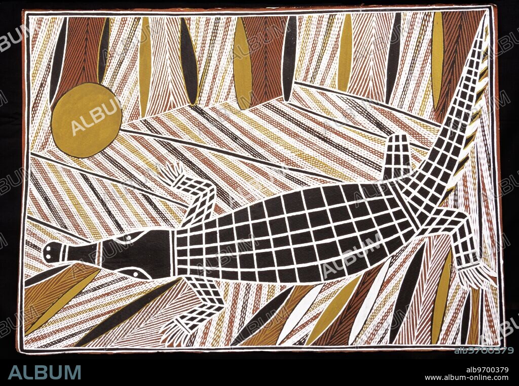 Famous Aboriginal artist George Milpurrurru's painting of the three legged crocodile, a legend for the Ganalbingu clan, central Arnhem Land.