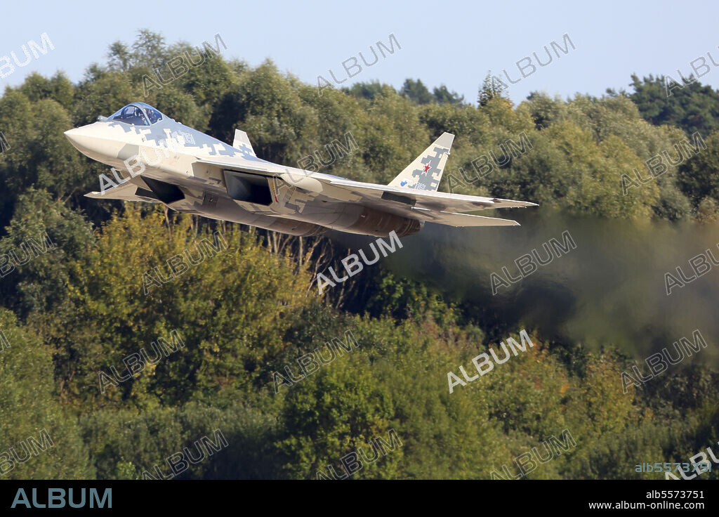 Sukhoi Su-57 (T-50) jet fighter of the Russian Air Force performing demonstration flight at MAKS-2019 airshow in Zhukovsky, Russia.