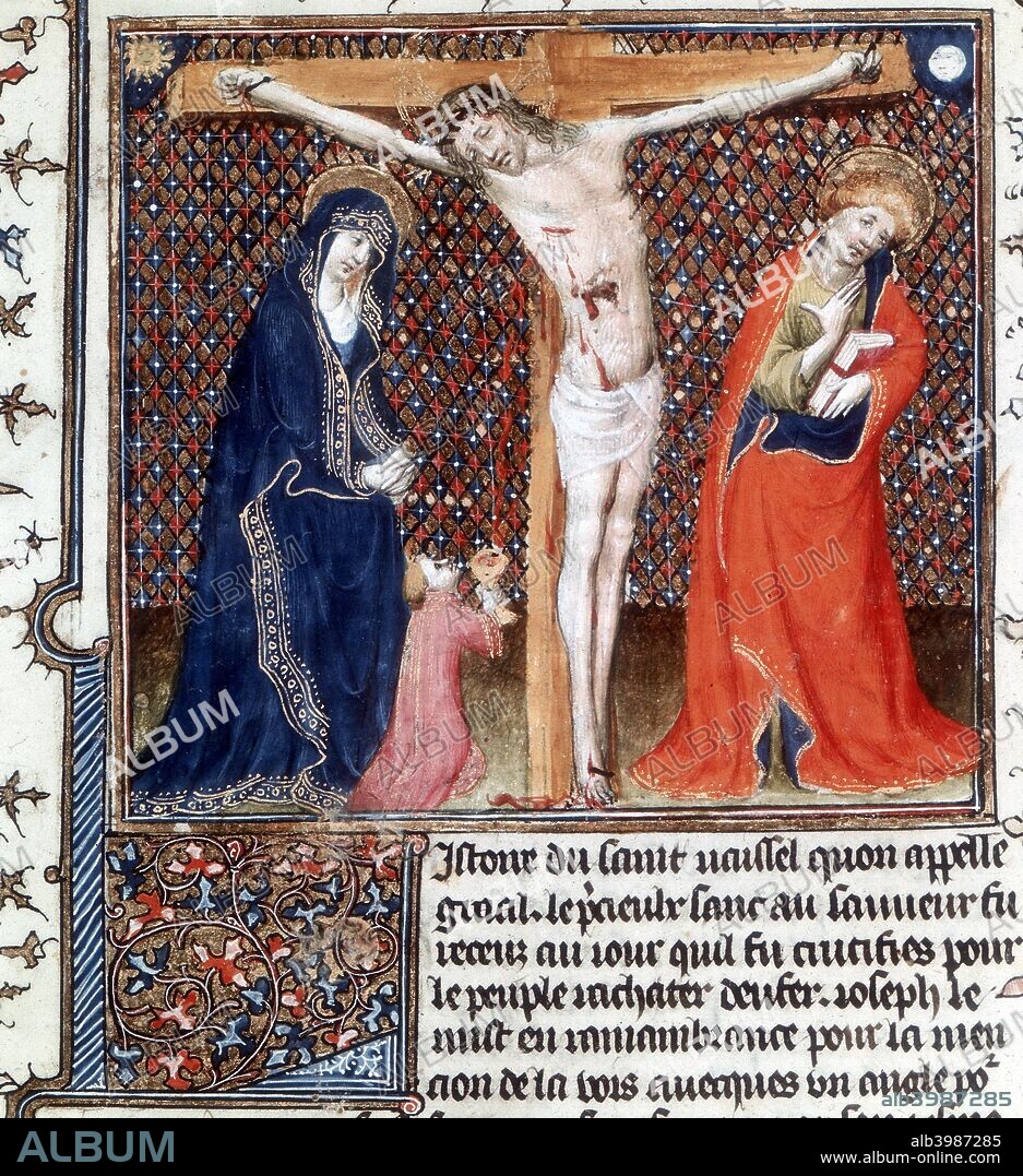Joseph of Arimathea receiving Christ's blood, 15th century. Watched by the Virgin Mary, Joseph kneels at the foot of the cross holding the Holy Grail to catch the drops of blood falling from the spear wound in the side of Christ nailed to the cross. Miniature from the illuminated manuscript of L'Histoire du Graal (The Story of the Grail), from the collection of the Bibliotheque Nationale, Paris.