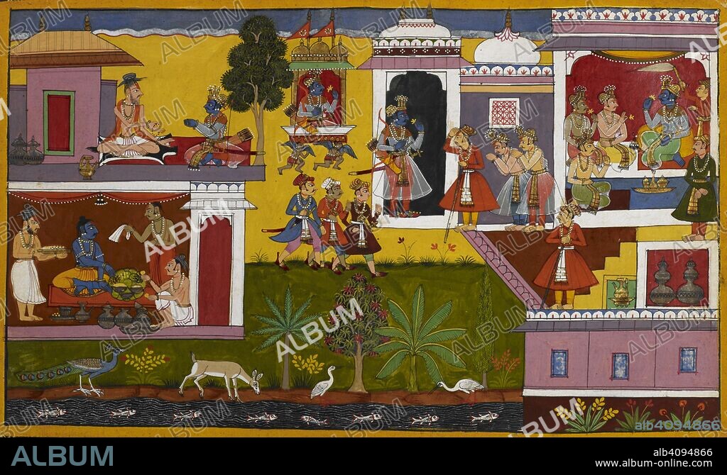 Rama returns to Ayodhya and wishes to perform the Rajasuya sacrifice. Bharata dissuades him from doing so. Ramayana. Udaipur, 1653. Source: Add. 15297(2), f.98. Language: Sanskrit.