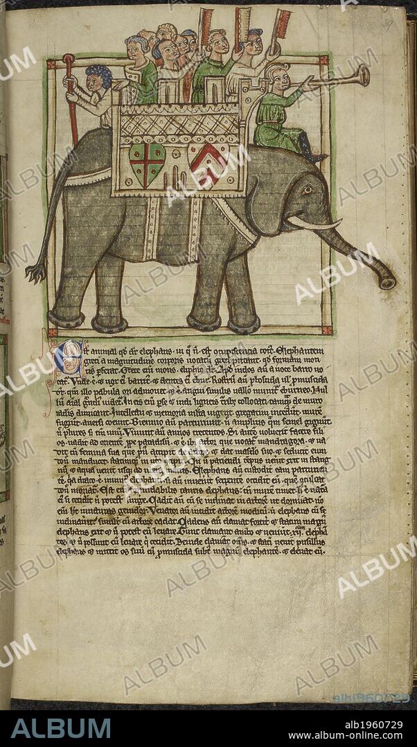 PERALDUS. A group of men riding seated on an elephant, carrying banners ...