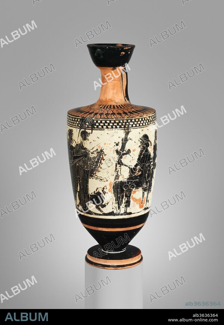 Terracotta lekythos (oil flask). Culture: Greek, Attic. Dimensions: H. 7 1/16 in. (18 cm); diameter  2 15/16 in. (7.5 cm). Date: ca. 500 B.C..
Zeus, seated on his throne, with his cupbearer, Ganymede, and Ares, the god of war, standing behind him; Athena approaching to introduce Herakles to Mount Olympos; winged Iris, a messenger of the gods, following.
Herakles, the greatest Greek hero, was the only mortal admitted to live among the gods after his death.