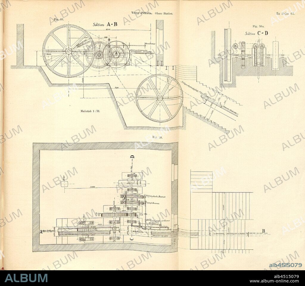 Funicular Vevey - Pélerin, upper station, Fig. 58-59: Technical drawing of the upper station of the funicular Vevey - Mont-Pélerin, Fig. 22, p. 66, E. Strub: Bergbahnen der Schweiz bis 1900. Bd. 1. Wiesbaden: Verlag von J F. Bergmann, 1900.