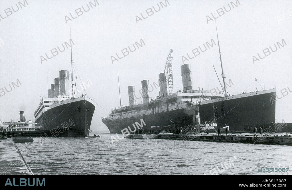 RMS Titanic and its sister ship RMS Olympic leaving the Harland and Wolff shipyard, Belfast, Ireland. Titanic, the largest ocean liner ever built at the time, was reputed to be unsinkable. However, during its maiden voyage it struck an iceberg in the North Atlantic on the night of 14 April 1912 and sank with the loss of 1517 lives. The Olympic had its maiden voyage from the 14th to the 21st June 1911, and remained in service until 1937.