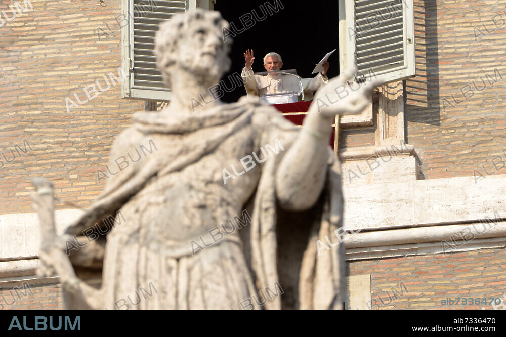 Pope Benedict XVI leads the Sunday Angelus prayer in Saint Peter's Square at the Vatican on February 17, 2013. Speaking before a crowd at more than 50,000 people at his penultimate Sunday address, he asked the faithful to pray for him and for the next pope. The crowd in St. Peter's Square chanted 'Long live the pope ' waved banners and broke into sustained applause as he spoke from his window. The 85-year-old Benedict, who will resign on February 28, thanked the crowd in several languages.