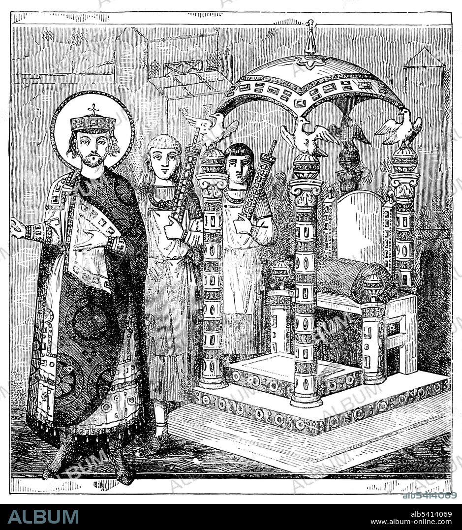 Throne of the Emperor of Constantinople from a 9th century Greek manuscript. The Chrysotriklinos was the main reception and ceremonial hall of the Great Palace of Constantinople from its construction, in the late 6th century, until the 10th century. Despite its prominence in Byzantine texts, no full description of it is ever given. From the fragmented literary evidence, the hall appears to have been of octagonal shape crowned by a dome. The roof was supported by 8 arches, which formed kamarai (apses or niches), and pierced by 16 windows. The imperial throne was placed on the eastern apse behind a bronze railing. Cassell's Illustrated History of England, 1865 (cropped and cleaned).