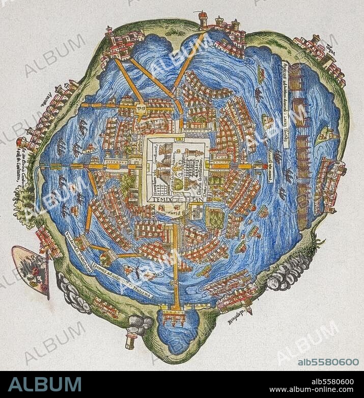 ANÓNIMO. Tenochtitlan (Mexico), (Capital city of the Aztecs, site of what is know Mexico City.). - Map of the city of Tenochtitlan. Woodcut, 1524, coloured. From the letters of Hernan Cortes to Emperor Charles V, Nuremberg, 1524.