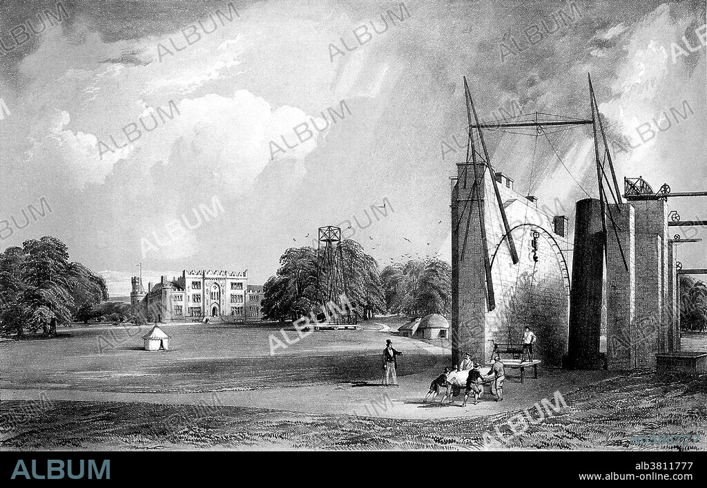 Parson's six foot telescope, three foot telescope, and castle. William Parsons, 3rd Earl of Rosse (June 17, 1800 - October 31, 1867) was an Anglo-Irish astronomer. He inherited an earldom and a large estate in King's County, Ireland when his father Lawrence Parsons, 2nd Earl of Rosse died in 1841. There he performed astronomical studies and discovered the spiral nature of some nebulas, today known to be spiral galaxies. His 72-inch telescope, Leviathan, built 1845, was the world's largest telescope until the early 20th century. His telescope was the first to reveal the spiral structure of M51, the Whirlpool Galaxy, and his drawings of it closely resemble modern photographs. He named the Crab Nebula, based on an earlier drawing made with his older 36-inch telescope in which it resembled a crab. A few years later, when the 72-inch telescope was in service, he produced an improved drawing of considerably different appearance, but the original name continued to be used. He served as a Member of Parliament for King's County from 1821-34, president of the Royal Society (1848-54), and chancellor of Trinity College, Dublin (1862-67). He died in 1867 at the age of 67.