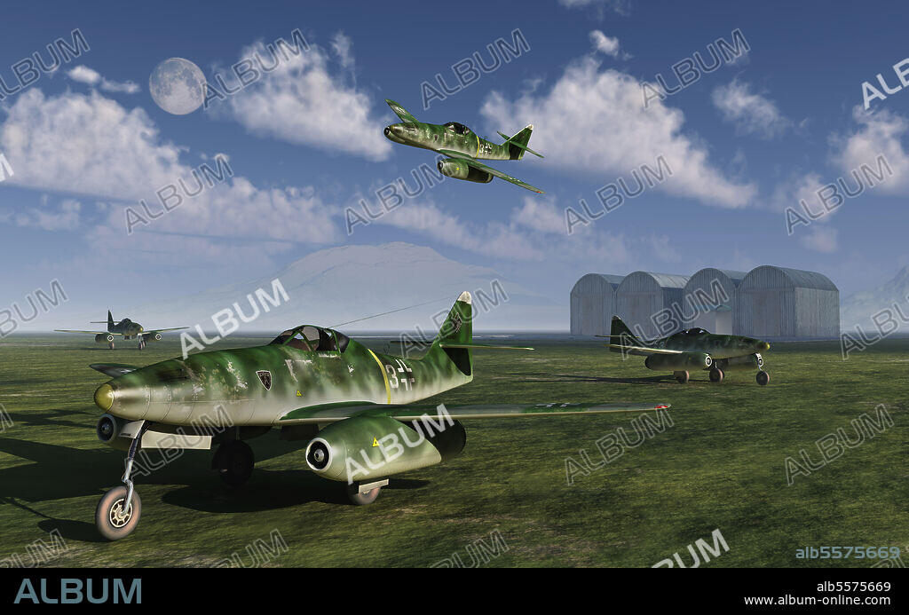 German Messerschmitt Me 262 jetfighters at an airfield in Nazi Germany during World War II.