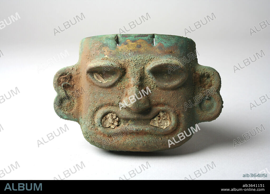 Face Mask Ornament. Culture: Moche (Loma Negra). Dimensions: H. 2 3/4 x W. 3 15/16 in. (7 x 10 cm). Date: 390-450.