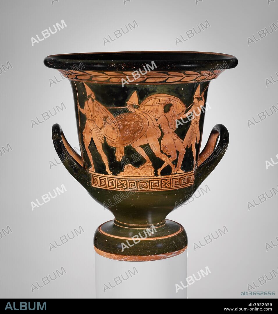 Terracotta calyx-krater (mixing bowl). Culture: Greek, South Italian, Lucanian. Dimensions: H. 15 1/16 in. (38.3 cm); diameter of mouth 14 9/16 in. (37 cm). Date: ca. 430-400 B.C..
Obverse, four warriors fighting
Reverse, four youths
This vase well illustrates the complex interrelation between Greek art and artists in Southern Italy and the indigenous populations. In its shape and ornament, the krater has not evolved far beyond its Athenian models. The combat, by contrast, shows warriors with their native helmets in poses that emphasize individual movement rather than compositional rigor.