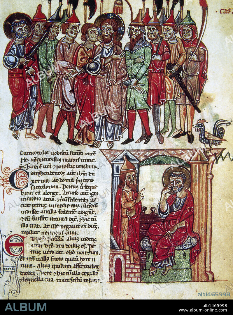 New Testament. Folio 63. The Kiss of Judas and the Apostle Peter Disowns Jesus. 13th century. Vatican Apostolic Library. Vatican City.