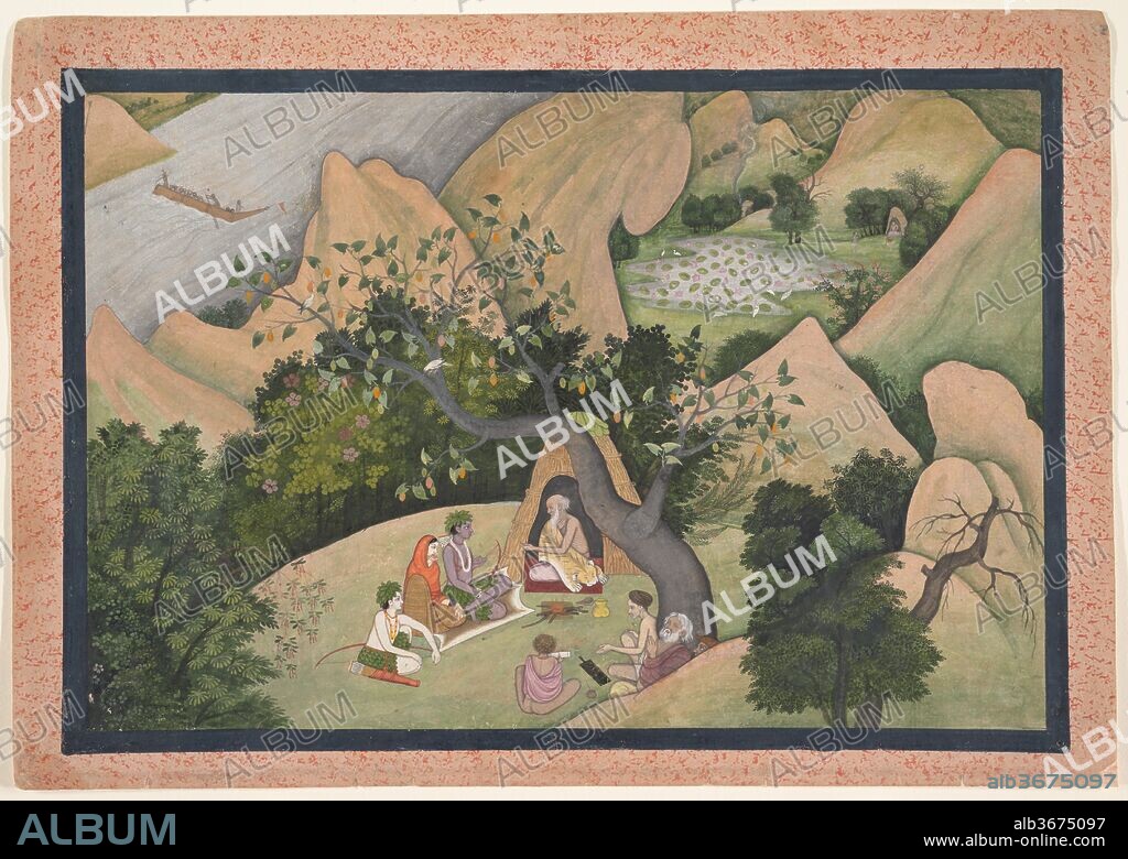 Rama, Sita, and Lakshmana at the Hermitage of Bharadvaja: Folio from a Ramayana Series. Artist: First Generation after Nainsukh. Culture: India (Kangra, Himachal Pradesh). Dimensions: Page: 9 15/16 x 14 1/16 in. (25.2 x 35.7 cm)
Image: 8 1/8 x 12 1/8 in. (20.6 x 30.8 cm). Date: ca. 1780.
The sage Bharadvaja, seated in his wilderness forest shelter, gives counsel to Rama, Sita, and Lakshmana.He tells them of an auspicious retreat frequented by great rishis, which is both sacred and beautiful, where they might dwell for the duration of their fourteen-year exile. It is located in the Chitrakuta Mountains (upper right), on the banks of a lily pond. Rama, Lakshmana, and Sita proceed to cross the Yamuna River (upper left) to reach the hermitage. The painting gives visual expression to many descriptive passages in Valmiki's Ramayana.
In this masterpiece of Kangra painting, the artist combined fidelity to nature with an illusionist approach to land-scape, creating a dreamlike otherworld, a landscape of the imagination. The sophisticated vision reflects the quality achieved by the workshops of the Kangra court in the late eighteenth century.
About the Artist
First Generation after Manaku and Nainsukh: Fattu, Khushala, Kama, Gaudhu, Nikka, and Ranjha
Active at a number of Pahari region courts, mainly in the Kangra Valley, ca. 1740-1830; sons of Manaku (Fattu and Khushala) and Nainsukh (Kama, Gaudhu, Nikka, and Ranjha)
The four sons of Nainsukh and two sons of Manaku are known collectively as the first generation after Nainsukh and Manaku. Building on the artistic legacy of their grandfather Pandit Seu and their fathers, the six younger artists left behind an extensive oeuvre that attests to the family's consistent artistic vision and uniformly impressive output.
A relatively small court like Guler, the family's home in Himachal Pradesh, could not provide a living for so many talented artists. Nainsukh left the atelier around 1740; he first worked in Jasrota, then in Basohli, and was ultimately joined there by his nephew Fattu and his youngest son, Ranjha. There were numerous small courts in the region, and they offered opportunities for talented painters seeking new opportunities. Surprisingly little is known about the authorship of individual series of paintings, and works cannot be assigned confidently to specific artists.
The influence of a large-format Bhagavata Purana series produced by Manaku can be seen in a less accomplished series depicting the same subject attributed to his son Fattu. The faces are more angular, and the scenes are routinely placed in front of a monochrome background. The atmosphere evoked in the texts is not realized nearly as clearly as it is in the works by Manaku. It appears that the family style gradually shifted from the transitional Seu-Manaku phase toward the refined vocabulary of Nainsukh, characterized by a gift for precise observation, an absolutely assured hand, and an exceptional ability to convey human emotions. The Gita Govinda series of around 1775, Bhagavata Purana series of around 1780, Ramayana series of around 1780 and later additions and other works attributed to the artists of the first generation document these changes most impressively. They represent the culmination of Pahari painting, and thanks to their startling combination of dreamlike lyricism and realism, they are among the most alluring of Indian paintings.