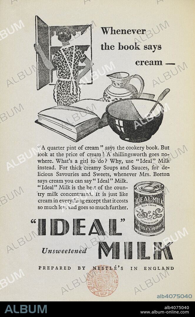 ISABELLA MARY BEETON. An advertisement for tinned "Ideal milk", an 'Evaporated' Milk produced by NestlÃ©. Mrs. Beeton's Cookery ... New edition [of â€œMrs. Beeton's Sixpenny Cookeryâ€]. London ; Melbourne : Ward, Lock & Co., 1923. Source: 07943.a.52.