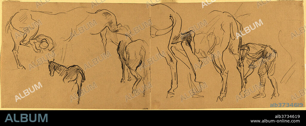 JOHN SINGER SARGENT. Studies for "Shoeing Calvary Horses at the Front" [recto]. Dated: 1918. Dimensions: sheet: 17.78 × 51.12 cm (7 × 20 1/8 in.). Medium: graphite on wove paper.