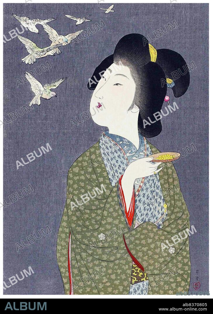 Yamamoto Shoun (December 30, 1870 - May 10, 1965), who was also known as Matsutani Shoun, was a Japanese print designer, painter, and illustrator. He was born in Kochi into a family of retainers of the Shogun and was given the name Mosaburo. As a teenager, he studied Kano school painting with Yanagimoto Doso and Kawada Shoryu. At about age 17, he moved to Tokyo, where he studied Nanga painting with Taki Katei. At 20 years of age, he was employed as an illustrator for Fugoku Gaho, a pictorial magazine dealing with the sights in and around Tokyo. In his latter career, Shoun primarily produced paintings. He died in 1965, at the age of 96.<br/><br/>. In addition to his magazine illustrations, Shoun is best known for his woodblock prints of <i>bijin</i> or 'beautiful women', especially <i>imasugata</i> a kind of precursor to the 'moderngirls / moga' movement of the 1920s and 1930s. Shoun is considered a bridge between the ukiyo-e and shin hanga schools. His career spans the Meiji (1868-1912), Taisho (1912-1926) and Showa (1926-1989) periods.