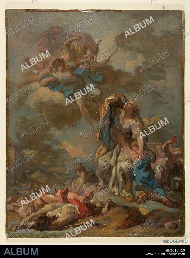 The Punishment of the Arrogant Niobe by Diana and Apollo. Artist: Pierre Charles Jombert (French, Paris 1748-1825). Dimensions: 14 1/16 x 11 1/16 in.  (35.7 x 28.1 cm). Date: ca. 1772.
This lushly painted, highly colored study is for Jombert's canvas (Ecole Nationale Superieure des Beaux Arts, Paris) depicting the Greek mythological figure Niobe, who boasted with such hubris of her great fortune to be the mother of seven daughters and seven sons that it compelled the deities Diana and Apollo to assail her children with arrows. The sketch and the painting won Jombert first prize at the prix de Rome in 1772, for which he was awarded three years of study in Rome. Although he was considered an extremely promising student, little is known of Jombert after his return to France in 1776.