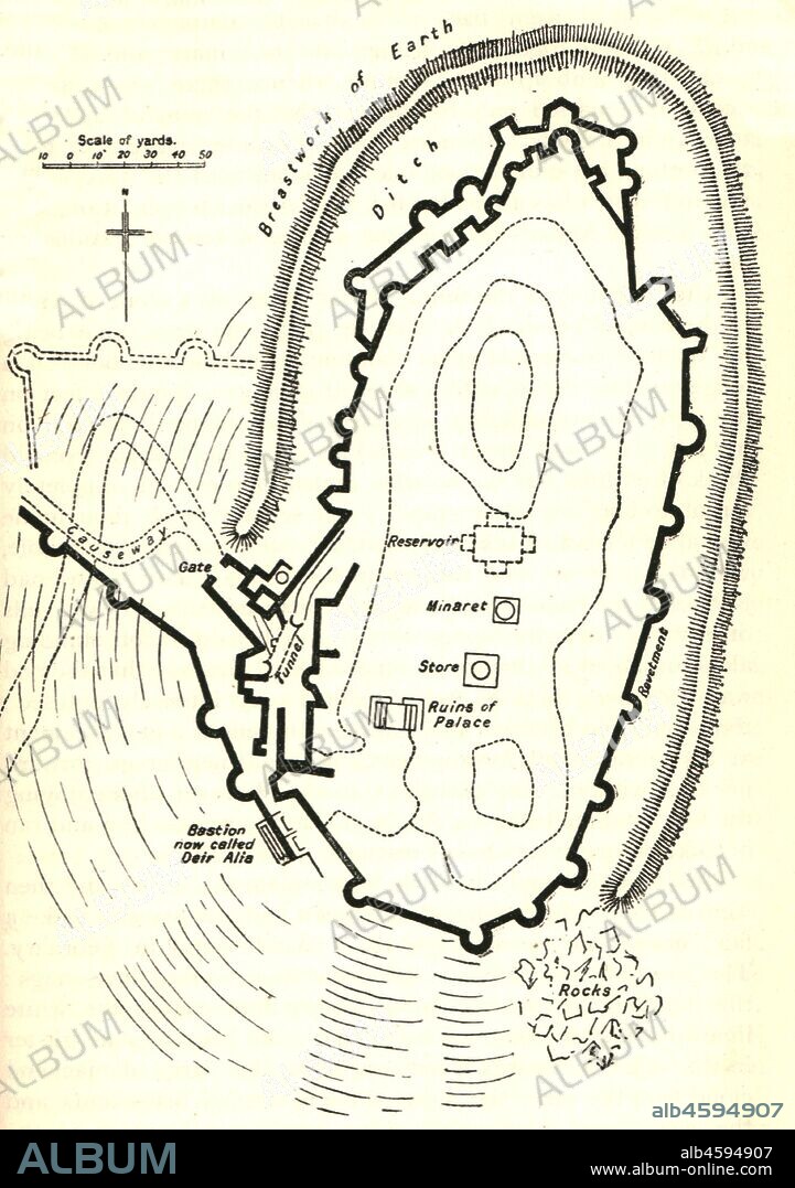 'Kal'at Ja'abar', c1915. Map of the fortress and citadel at Ja'aber, al-Tabqa city, on the left bank of the Euphrates, (Syria). 'The fortress...probably dates from the ninth century...The wonderful ruin of Kal'at Ja'abar ("formidable castle") stands out against the sky on a solitary tell. Its red walls are perched upon the overhanging mushroom cliffs of the hill, and in the centre rises a noble minaret, a landmark for miles around, which was doubtless built for purposes of observation as well as for calling the faithful to prayer. The accompanying plan, which I made on the spot and which I think is fairly accurate, will give a better idea of the size and form of the castle than pages of description'. From "The Caliphs' Last Heritage, a short history of the Turkish Empire" by Lt.-Col. Sir Mark Sykes. [Macmillan & Co, London, 1915].