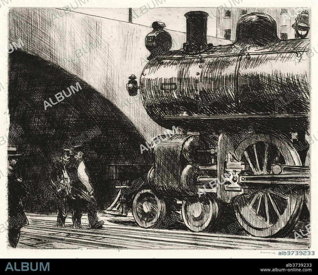 EDWARD HOPPER. The Locomotive. Dated: 1923. Dimensions: plate: 20 x 25 cm (7 7/8 x 9 13/16 in.)  sheet: 28.7 x 34.3 cm (11 5/16 x 13 1/2 in.). Medium: etching in black on wove paper.