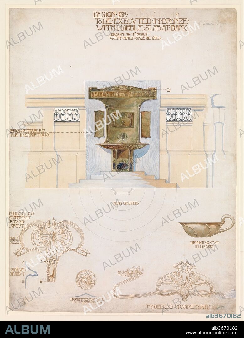 Design for a Fountain to be Executed in Bronze with a Marble Slab at the Back. Artist: Kay Maude Coggin (British, active 1890s). Dimensions: Sheet: 28 x 21 in. (71.1 x 53.3 cm). Date: ca. 1895.