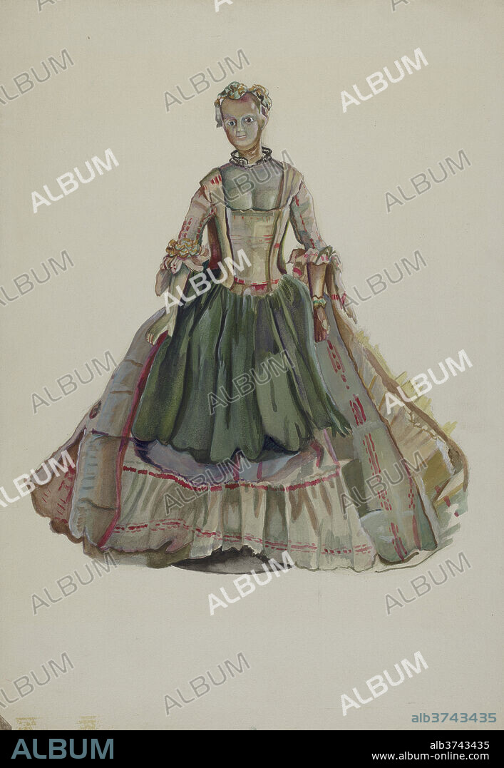 GWYNETH KING. Fashion Doll. Dated: c. 1937. Dimensions: overall: 39.7 x 26.8 cm (15 5/8 x 10 9/16 in.)  Original IAD Object: 8" high. Medium: watercolor, graphite, and gouache on paperboard.