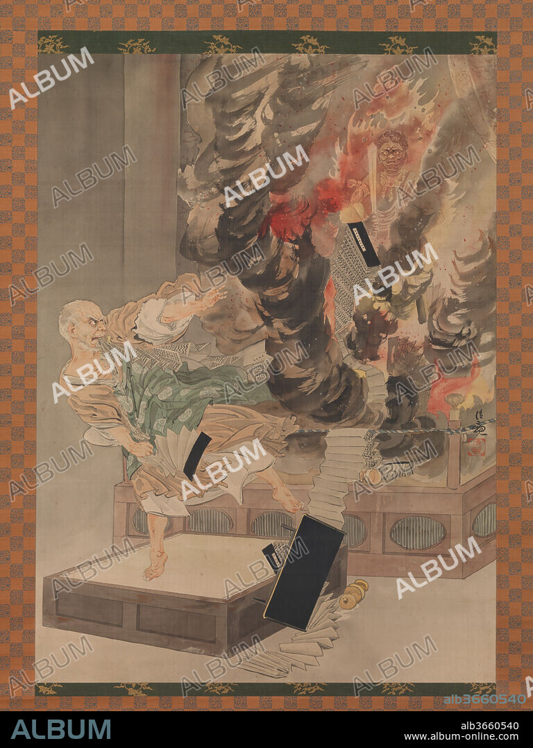 The Fury of Monk Raigo. Artist: Kobayashi Kiyochika (Japanese, 1847-1915). Culture: Japan. Dimensions: Image: 42 1/2 × 31 in. (108 × 78.7 cm)
Overall with mounting: 84 7/8 × 37 1/8 in. (215.6 × 94.3 cm)
Overall with knobs: 84 7/8 × 39 11/16 in. (215.6 × 100.8 cm). Date: ca. 1900.
Kobayashi Kiyochika's painting captures the intensity and drama of the quasi-historical incident of Monk Raigo (1002-1084) flying into a rage during a goma-e, or esoteric Buddhist fire ritual. Raigo was furious that Emperor Shirakawa backed out of a promise to allow the monk's temple to conduct ordination ceremonies after the monk had performed magical rituals to ensure the safe birth of a royal heir. 
Fudo Myoo (Sanskrit: Acala), the Buddhist protective deity at the center of this fire ritual, here seems to arise from the flames. Usually Fudo Myoo, the "Immovable Wisdom King," is shown with a fearsome visage (as in the statue on display nearby), yet Kiyochika playfully gives the statue an expression of surprised horror at the monk's temper tantrum.