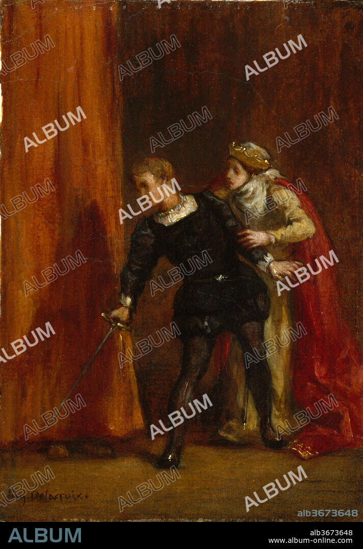 EUGENE DELACROIX. Hamlet and His Mother. Artist: Eugène Delacroix (French, Charenton-Saint-Maurice 1798-1863 Paris). Dimensions: 10 3/4 x 7 1/8 in. (27.3 x 18.1 cm). Date: 1849.
This painting depicts the moment in Shakespeare's epic tragedy <i>Hamlet</i> in which the protagonist, who has been speaking privately with his mother, Queen Gertrude of Denmark, notices a figure behind the curtains of her closet. Immediately afterward, Hamlet will impale the hidden Polonius with his sword, and utter the memorable phrase "How now! A rat? Dead for a ducat, dead!" The composition is identical to a black and white lithograph Delacroix made for a portfolio devoted to the play, which was first published in 1843.