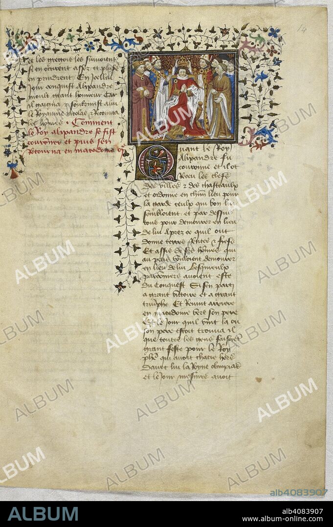 Miniature of Alexander being crowned by two bishops. Historia de