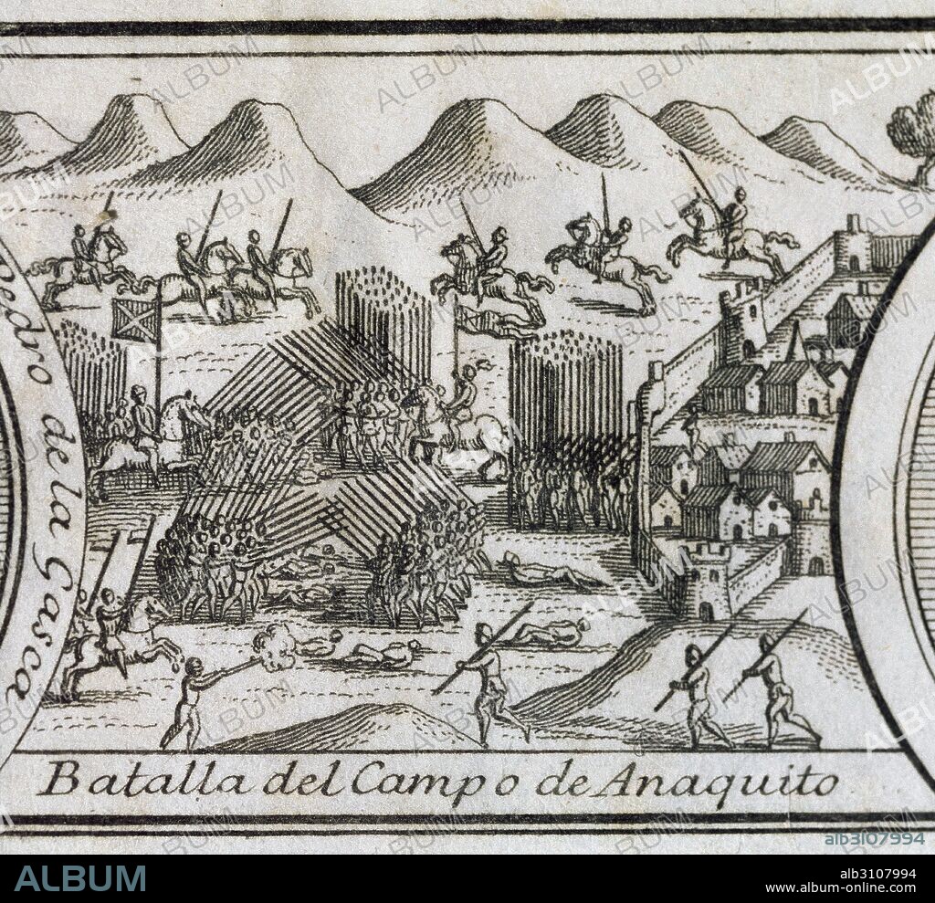 BATALLA DE AÑAQUITO. Transcurrida el 18 de enero de 1546, durante la guerra civil entre los conquistadores del Perú. Enfrentó al virrey Blasco Núñez de Vela (m. Añaquito,1546) contra las tropas rebeldes de Gonzalo Pizarro (Trujillo, 1502-Jaquijaguana, 1548) en la llanura de Iñaquito, territorio actual de Ecuador. Grabado del año 1726.