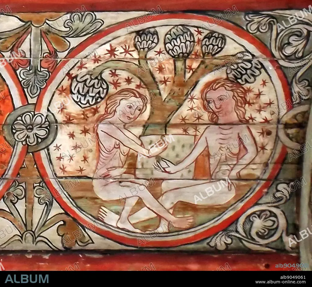 The ceiling panels preserved from a Norwegian Church dating to 1200 AD.  Temptation of Adam by Eve in the Garden of Eden is shown. - Album alb9049061