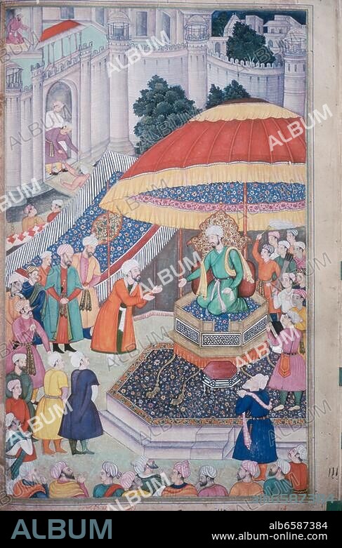 Timur (Tamerlane, "Timur the Lame"). Turkic ruler; Asian conqueror; founder of the Timurid dynasty; 8.4.1336 - 19.1.1405. Timur grants audience. Illustration from the Timur-nama (History of Timur). Indian miniature, Mughal school, 1580. Gouache on paper. Patna, Khuda Bakhsh Oriental Library.