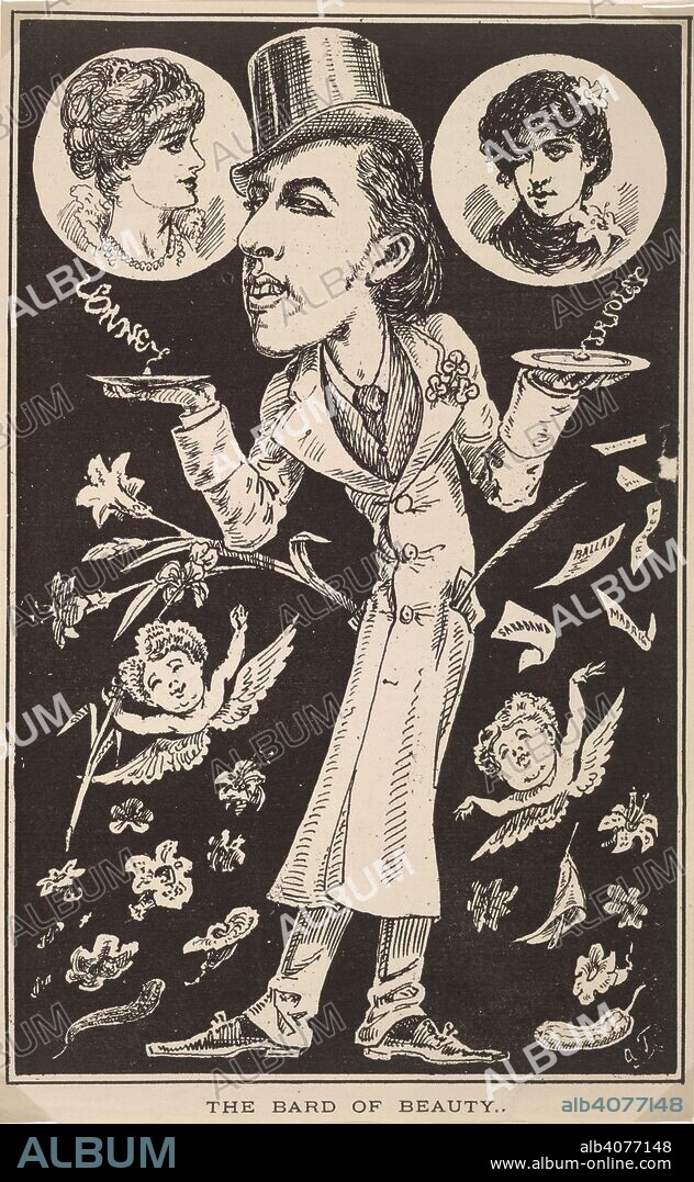 ALFRED THOMPSON. The Bard of Beauty. Time. April, 1880. A caricature of Oscar Wilde.  Image taken from Time.  Originally published/produced in April, 1880. . Source: Eccles Bequest,. Language: English.