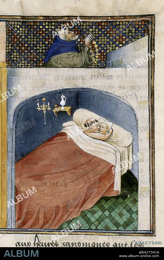 ANONYMOUS. The monk sleeps with the wife while the husband is praying. Miniature from Le livre appellé Decameron by Giovanni Boccaccio.