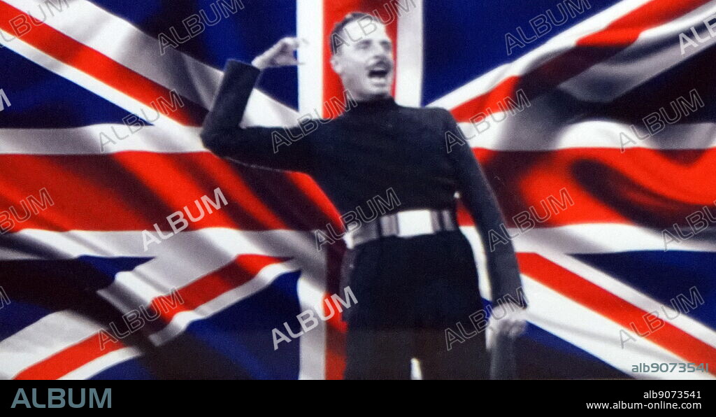 Photograph of Oswald Mosley superimposed onto a Union Jack Flag. Sir Oswald Ernald Mosley of Ancoats (1896-1980) a British politician, Member of Parliament and leader of the British Union of Fascists. The BUF was a fascist political party in the United Kingdom formed in 1932 by Oswald Mosley.