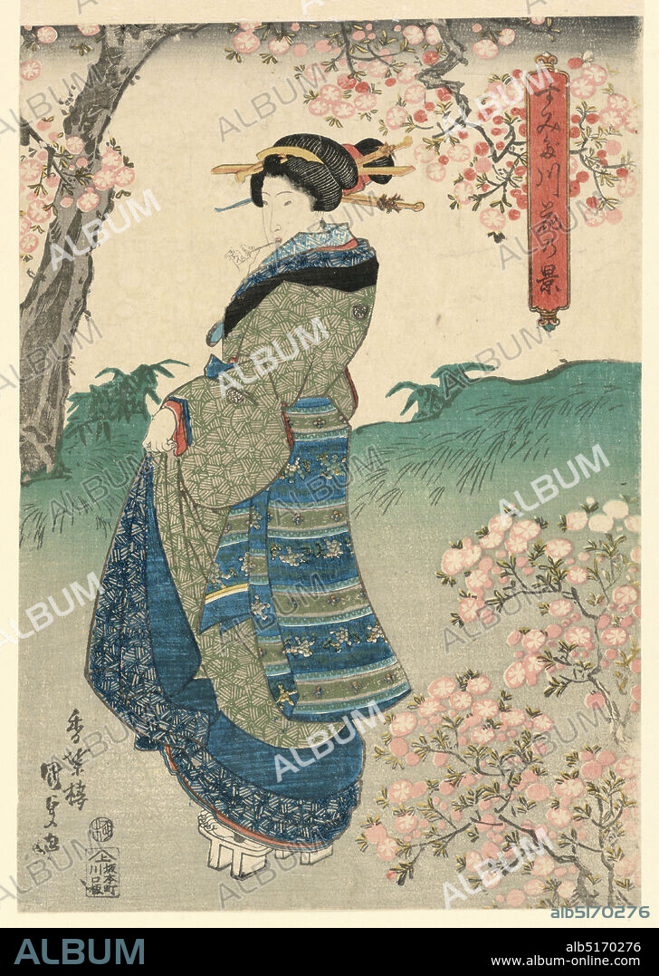 Woman viewing Cherry Blossoms on the Bank of the Sumida River (Sumidagawa hana no kei), Utagawa Kunisada, Japanese, 1786 1864, woodblock print on paper, Japan, ca. 1840, Print, Print.