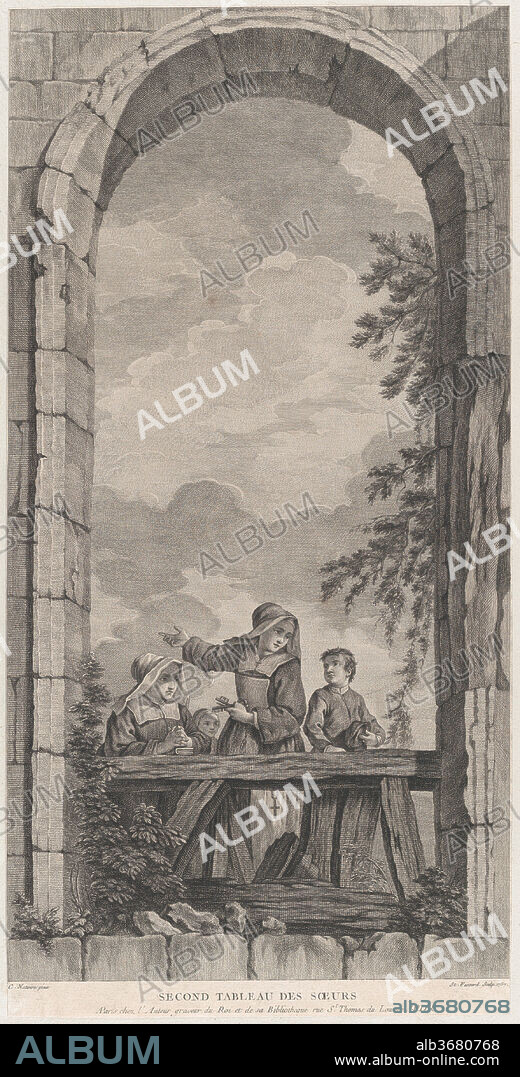 The Chapel of the Enfants-Trouvés in Paris: Religieuses et garçonnets regardant la crèche. Artist: Etienne Fessard (French, Paris 1714-1777 Paris); After Charles Joseph Natoire (French, Nîmes 1700-1777 Castel Gandolfo). Dimensions: Sheet (Trimmed): 22 1/2 × 11 1/4 in. (57.2 × 28.6 cm). Date: 1757.
From a series of fifteen plates engraved by Fessard after the paintings by Natoire in the Chapel of the Enfants-Trouvés, Paris. The chapel was built in 1746-50 based on designs by Germain Boffrand, but destroyed in the 19th century.  The main altar depicted The Adoration of the Magi and subsidiary scenes included the children and nuns of the orphanage as onlookers. Natoire's scenes were set into trompe l'oeil surrounds painted by Paolo Antonio and Gaetano Brunetti, giving the illusion that the viewer was standing in a ruined building.  Fessard's suite of prints includes a perspective view of the interior based on a drawing by Augustin de Saint-Aubin.