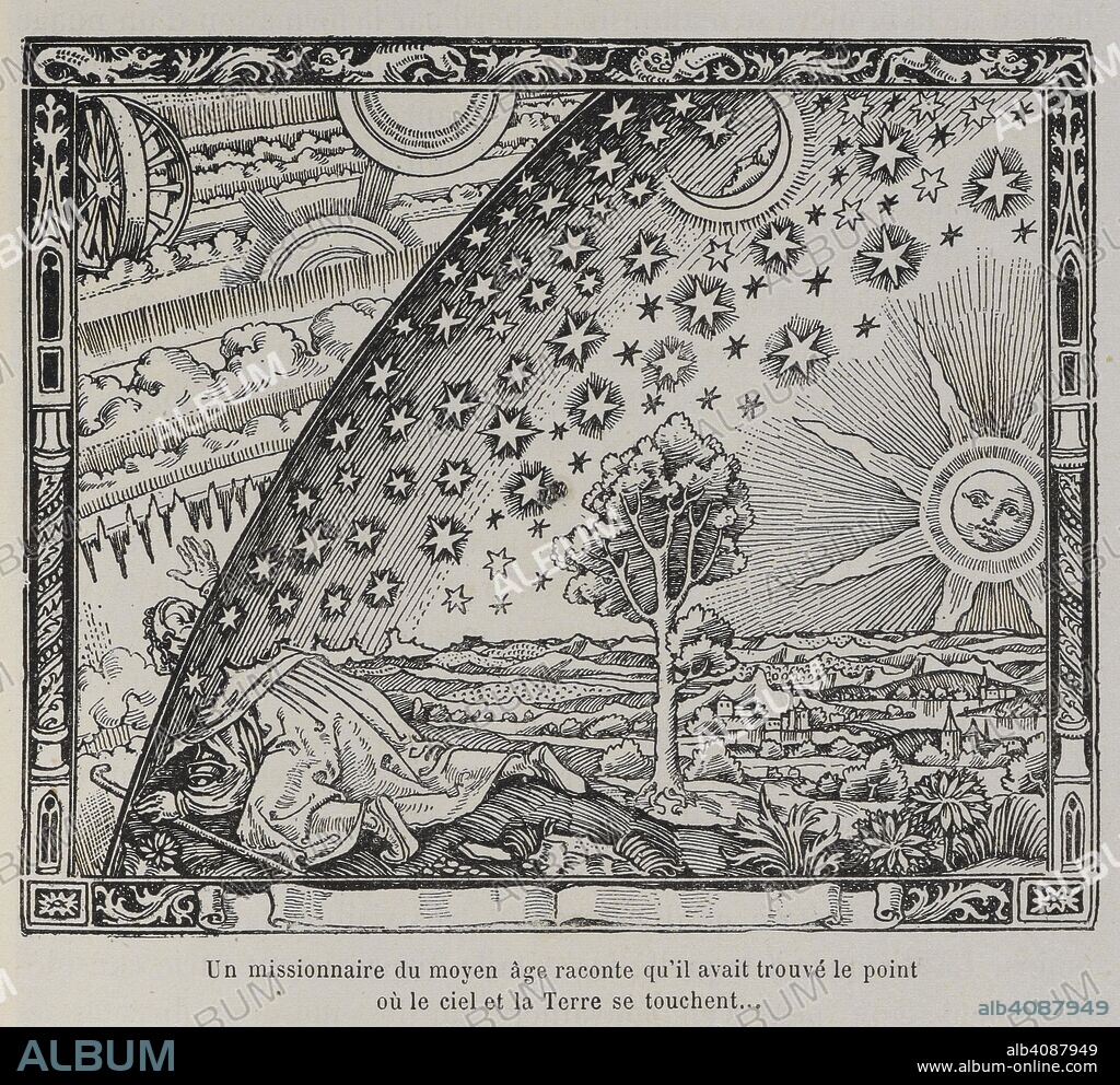 CAMILLE FLAMMARION. A medieval missionary discovering the point where the Earth and sky meet. The Sun, Moon and Stars are shown. L'AtmospheÌ€re. MeÌteÌorologie populaire, etc. Paris, 1887. Science. Black and white engraving / illiustration. Woodcut. Source: 8755.k.13, page 163. Language: French.