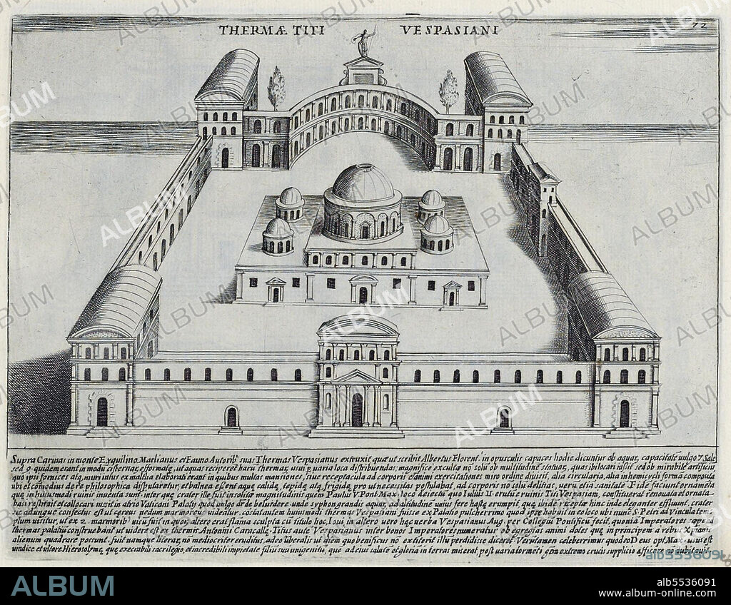 Die Thermen des Vespasian und Titus. Die Thermen des Titus, Sohn des Vespasian, wurden 81 n. Chr. schnell gebaut, damit sie gleichzeitig mit dem Kolosseum eroffnet und eingeweiht werden konnten, historisches Rom, Italien, Splendore Dell' Antica Roma: The Splendors of Rome, Circa 1625 .