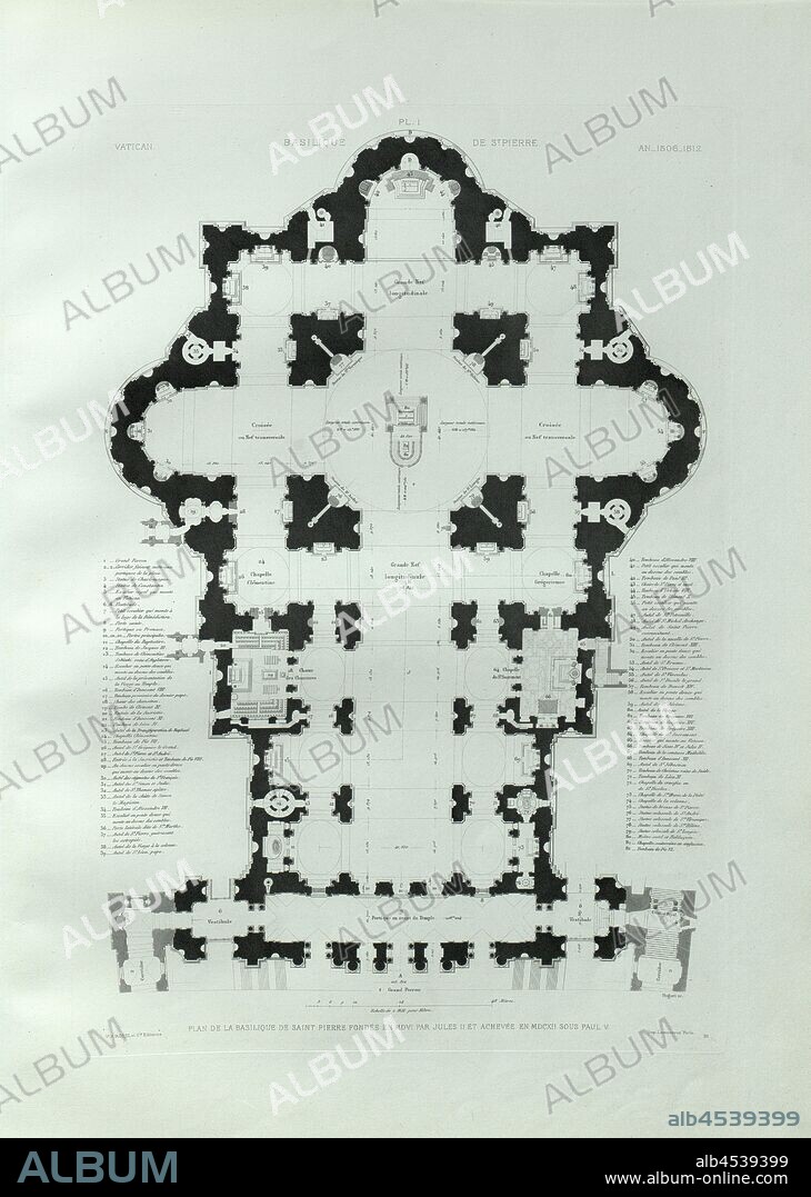 Plan of the Basilica of St. Peter founded in MDVI by Julius II and completed in MDCXII under Paul V, Floor plan of St. Peter's Basilica in the Vatican hiss 1506 and 1612, signed: Huguet sc, Pl. 1, p. 67, Huguet (sc.), 1882, Paul Marie LeTarouilly: Le Vatican et la basilique de Saint-Pierre de Rome. Paris: Vve A. Morel et Cie., Editeurs, 1882.